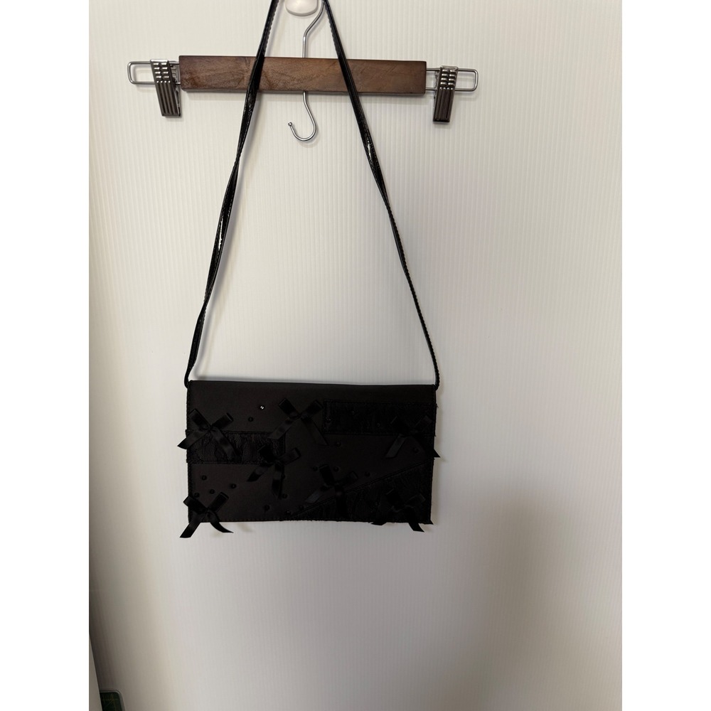 Neiman Marcus Black Lace and Bow Evening Clutch Shoulder Bag Rhinestone Accent